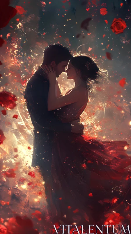Silhouetted couple embraces amid glowing particle effects and falling rose petals
