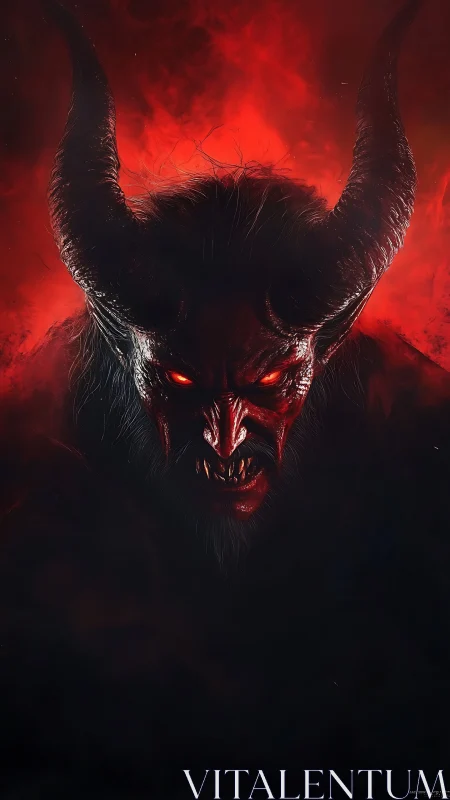 Demonic horned visage emerging from infernal red smoke.
