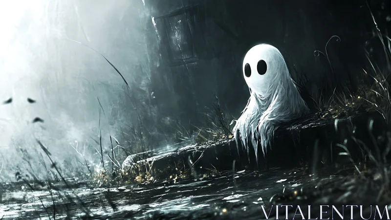 Melancholic ghostly figure lingers beside a misty forest stream.