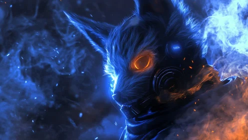 Cyborg fox head in blue and orange dual-color lighting.