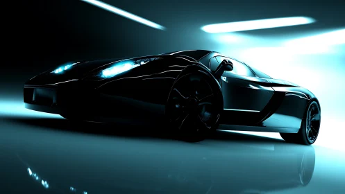 Neon-lit midnight supercar gliding through liquid light.