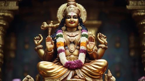 Radiant golden deity statue offering calm, gentle blessings.