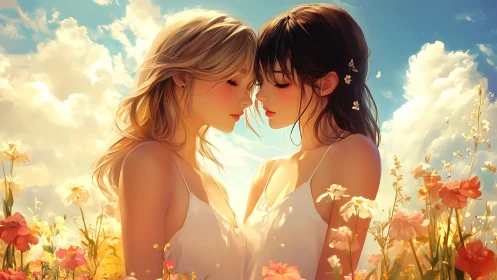 Digital painting of intimate floral portrait under glowing sky.