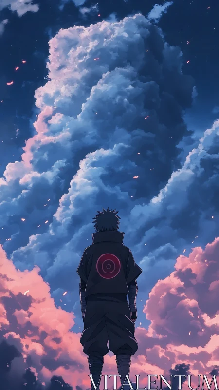 Backlit shinobi silhouette under volumetric stratocumulus sky.