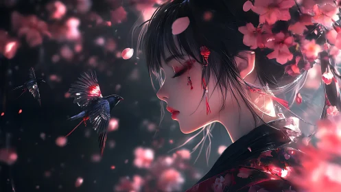Digital anime portrait with sakura, birds, and soft bokeh lighting.