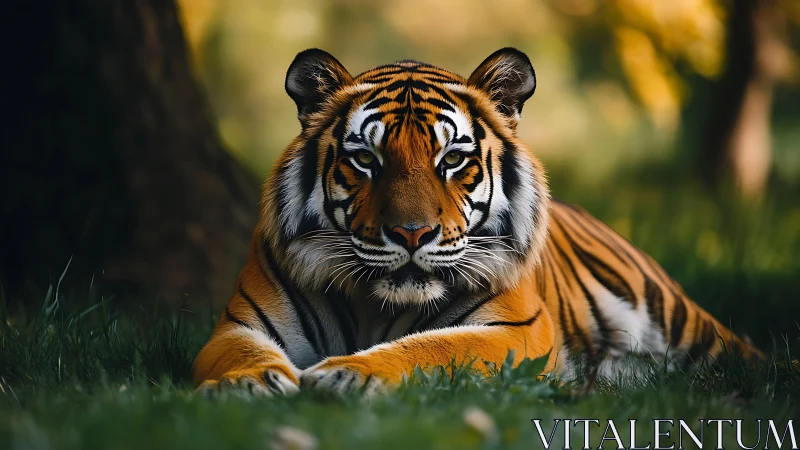 Quiet forest afternoon with a watchful resting tiger.