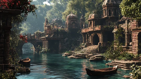 Riverside lost temple complex with carved sandstone domes