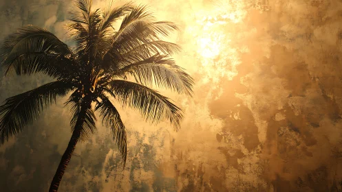 Solitary palm silhouette against textured golden sky.