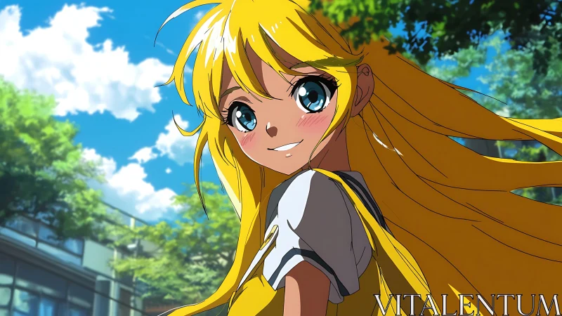 Blonde anime schoolgirl smiles under vivid summer sky
