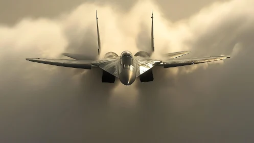 Stealth fighter jet piercing storm clouds at golden hour.