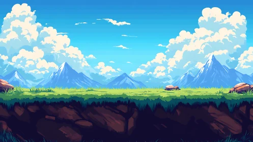 Bright pixel landscape with grassy platform and mountains.