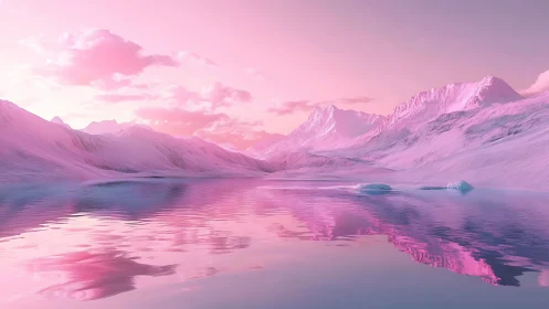 Iridescent pink glacial fjord under pastel atmospheric haze.