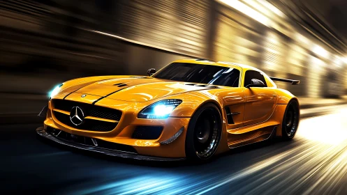 Yellow Mercedes sports car racing through city tunnel.