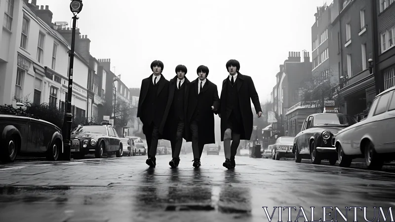 Monochrome London street scene with four suited pedestrians crossing