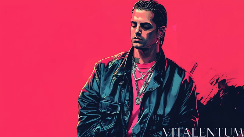Solitary man in leather jacket stands against neon pink field