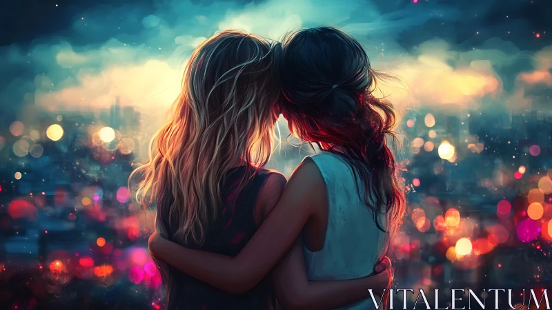 Two Women Embrace Against Neon City Lights.