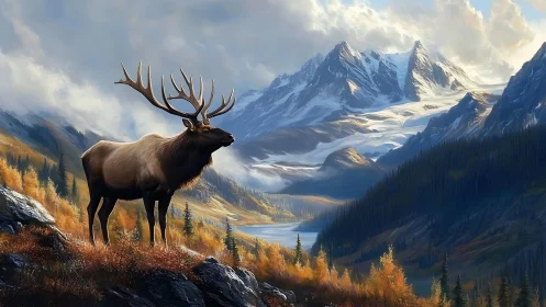 Majestic elk overlooking alpine valley and snow peaks.