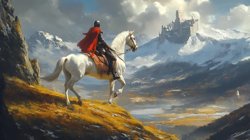 Lone knight on white horse gazes toward a distant snow castle