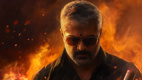 Fire-forged vigilante strides through embers and fury flames.