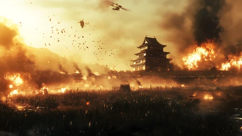 Sunset siege engulfs a lone pagoda in roaring firestorm.