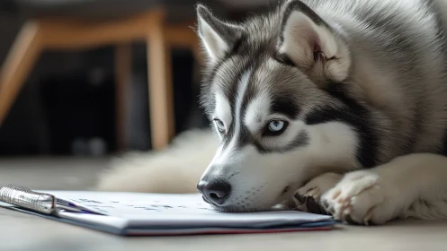 Daydreaming husky scholar guarding half-finished homework pages.