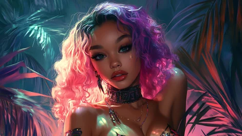 Neon-lit jungle muse with iridescent curls and glossy skin.