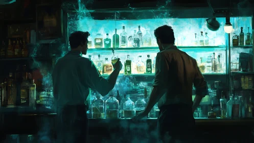 Two men examining liquor bottles at illuminated bar counter.