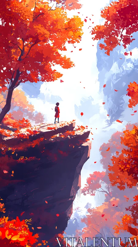 Figure on cliff amid dense red autumn foliage in valley.