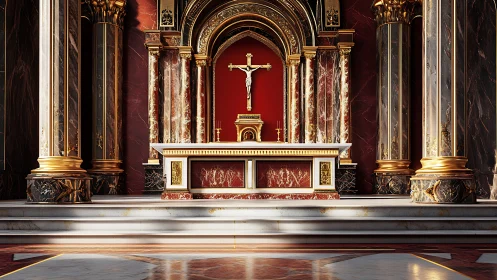 Rendered church altar with crucifix and marble architectural setting