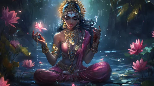 Luminescent lotus meditation amid bioluminescent forest pool.