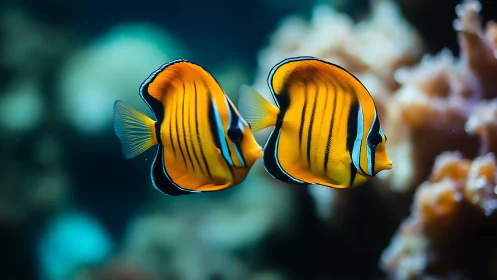 Pair of striped tropical butterflyfish in coral reef habitat.