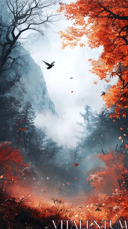 Raven glides above misty canyon framed by burning autumn
