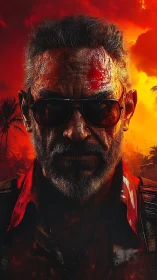 Cinematic guerrilla commander under incendiary sunset sky.