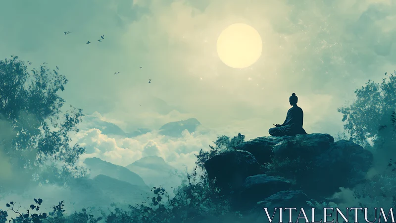 Quiet monk finds peace above dreamy cloudlit mountains