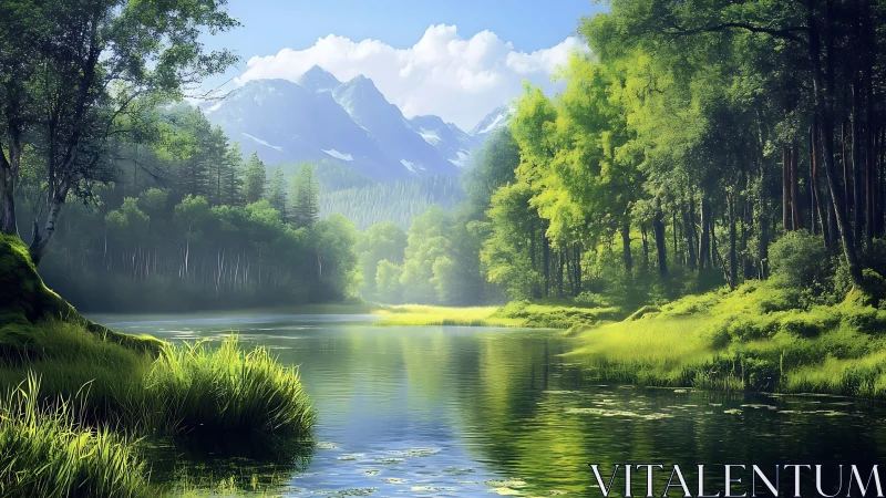 Luminous alpine river valley with misty forests and peaks.