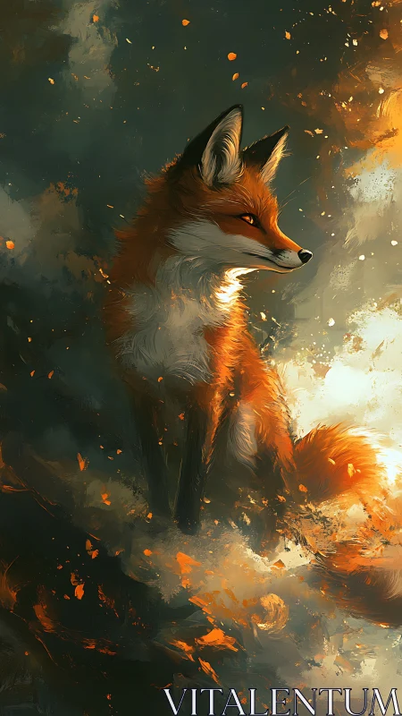 Red fox in abstract orange and teal digital environment.