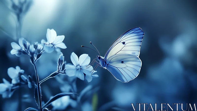 White butterfly rests on delicate blue flower in soft dusk light