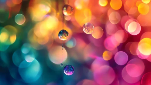 Colorful droplets drifting through dreamy rainbow light.