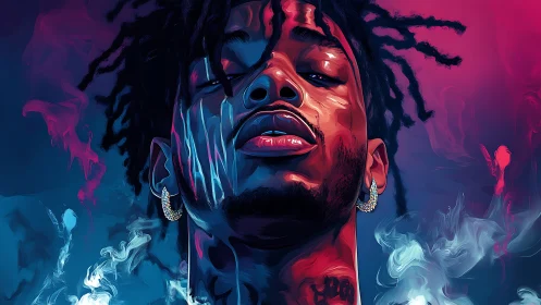 Neon-lit portrait merges smoke, gradients, and bold attitude.