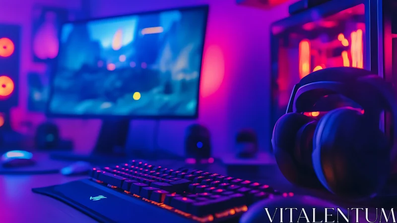 Neon gaming desk glows softly with keyboard, screen and PC