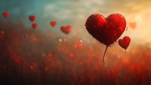 Crimson Hearts Float Through Misty Dreamscape