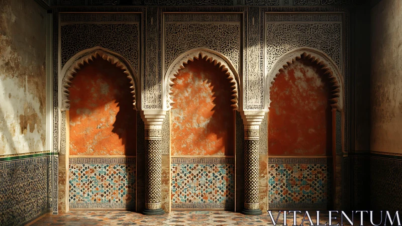 Sunlit arches whisper through patterned Moroccan stonework
