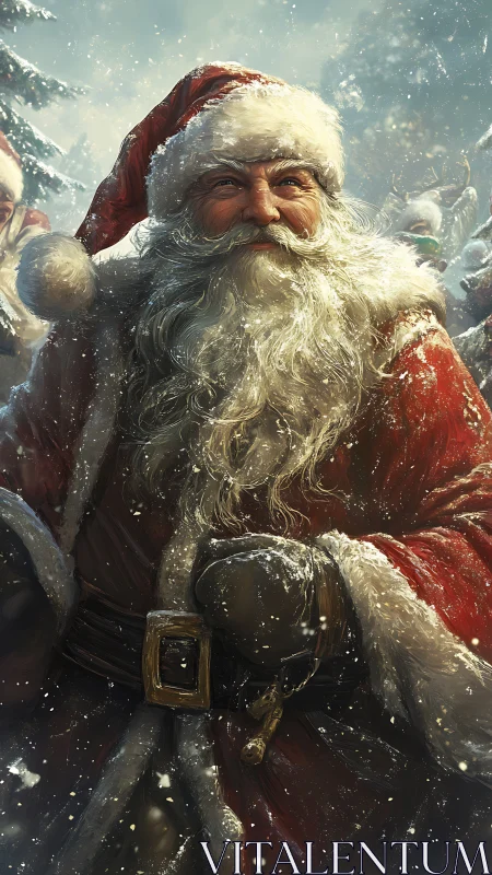 Santa Claus strides through swirling snow, coat gleaming bright.