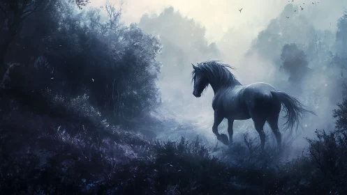 Solitary horse standing in misty blue forest clearing.
