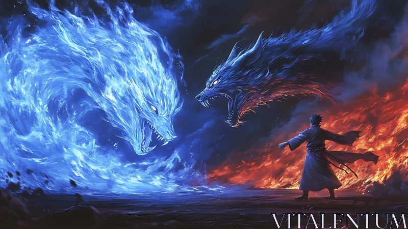 Sorcerer commands twin fire wolves in raging elemental clash.