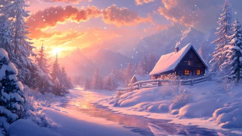 Digital painting of a luminous winter cabin and alpine river at dusk.