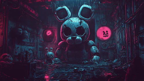 Colossal decayed robot bear in neon industrial ruin.
