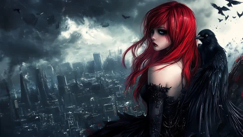Red haired crow keeper watching over a stormy city.