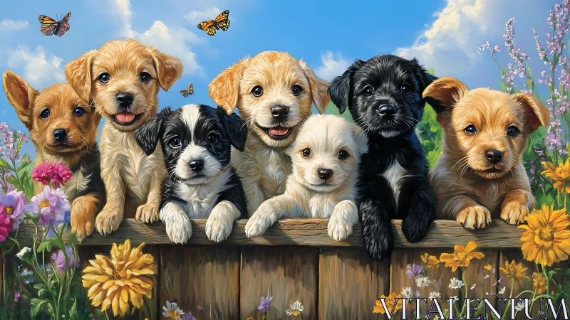 Seven colorful puppies lean over rustic fence in flower field