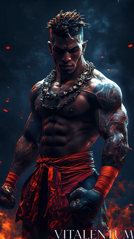 Firelit warrior stands in smoky arena, chains and flames.